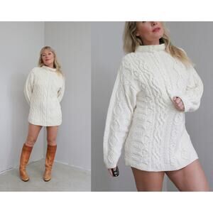 1990's Vintage Cream & Cotton Cable Knit Sweater Mini Dress Women's XS SM MD